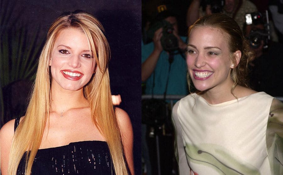 Jessica Simpson on the red carpet in 1999 / Piper Perabo on the red carpet at a Coyote Ugly event 