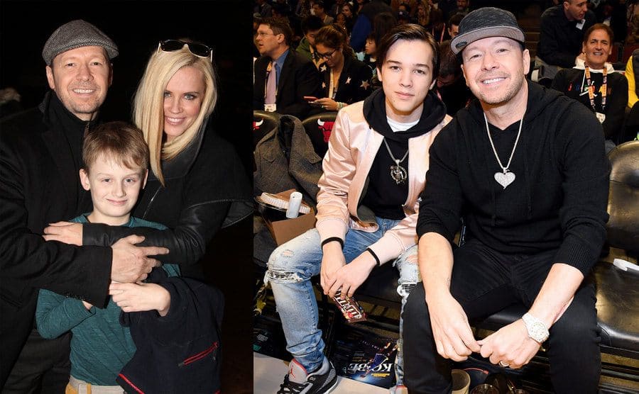 Donnie Wahlberg and Jenny McCarthy posing with her son Evan / Elijah and Donnie Wahlberg sitting in the front row of a basketball game