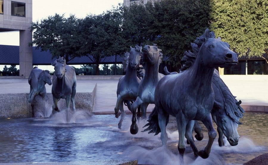 “Mustangs of Las Colinas”, escultura de bronce por Robert Glen, 1984