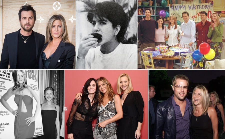 Justin Theroux and Jennifer Aniston at a Louis Vuitton event / Jennifer Aniston eating an apple in high school / The cast of Friends celebrating a birthday / Jennifer Aniston posing next to herself on the front cover of a magazine / Courteney Cox, Jennifer Aniston, and Lisa Kudrow on the red carpet / Brad Pitt and Jennifer Aniston in 2001 