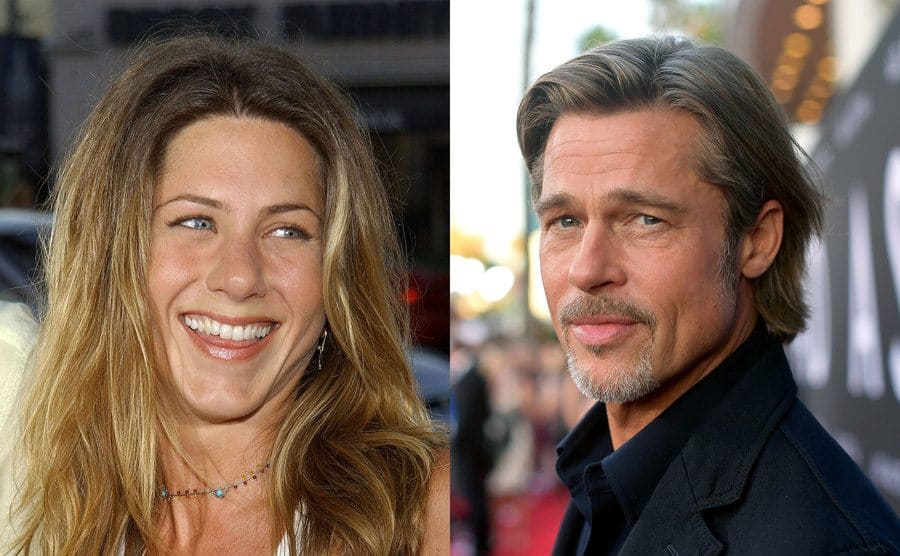Jennifer Aniston smiling on the red carpet / Brad Pitt on the red carpet 