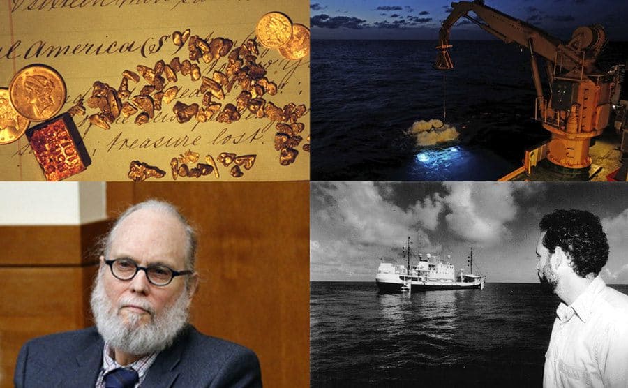Items treasure rescued from the wreck of the SS Central America, which foundered in 1857 off the coast of South Carolina, as shown in the Lloyd's Insurance Register (behind)/A crane on Thompson’s boat lifting found treasure out of the bottom of the ocean/A gray-haired Tommy Thompson testifying in court/Thompson looking off onto his vessel in the ocean.