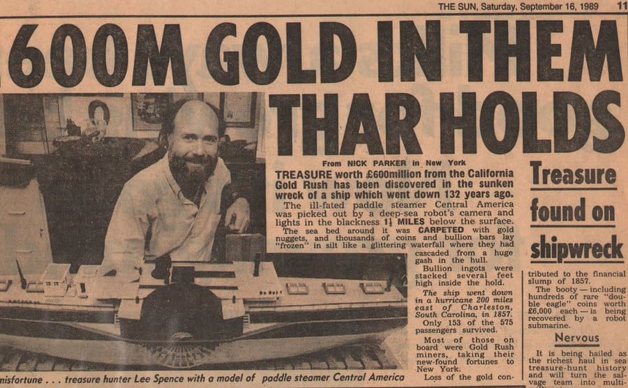 A newspaper clipping with an article talking about the 600 million in gold found aboard the shipwreck. 