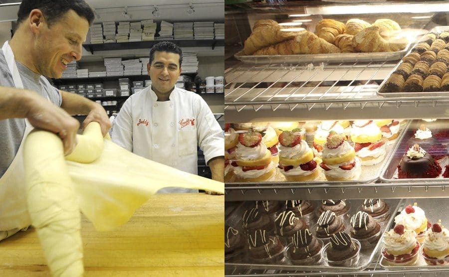 Joe Faugno making dough in the back of the Cake Boss bakery / The baked goods on display with lobster tails on the top shelf 