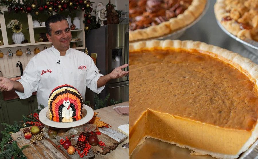 Buddy standing in front of a turkey cake / Buddy’s pumpkin pie with others behind it 