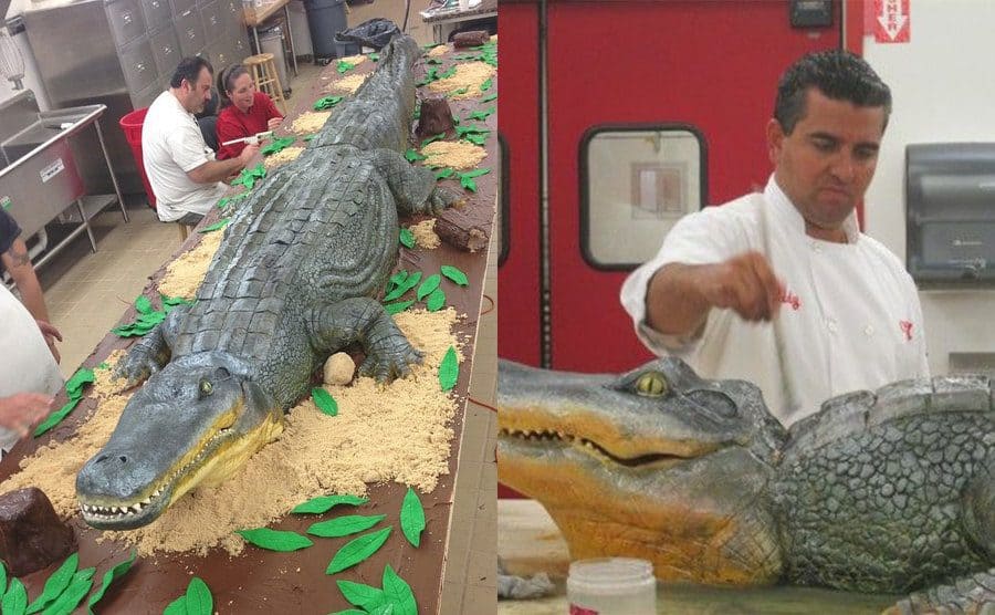 Kitchen staff working on the long alligator cake / Buddy Valastro working on the alligator’s head 