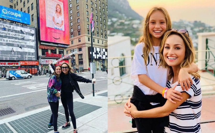 Giada and Jade posing in Times Square / Giada and Jade posing in front of a view of Italy 