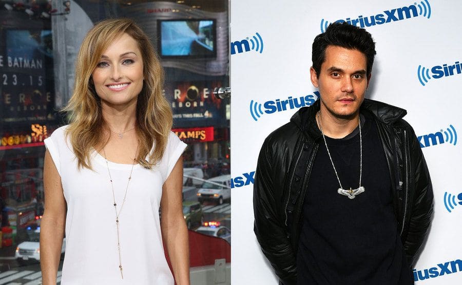 John Mayer on the red carpet / Giada standing in front of a large window overlooking Times Square 