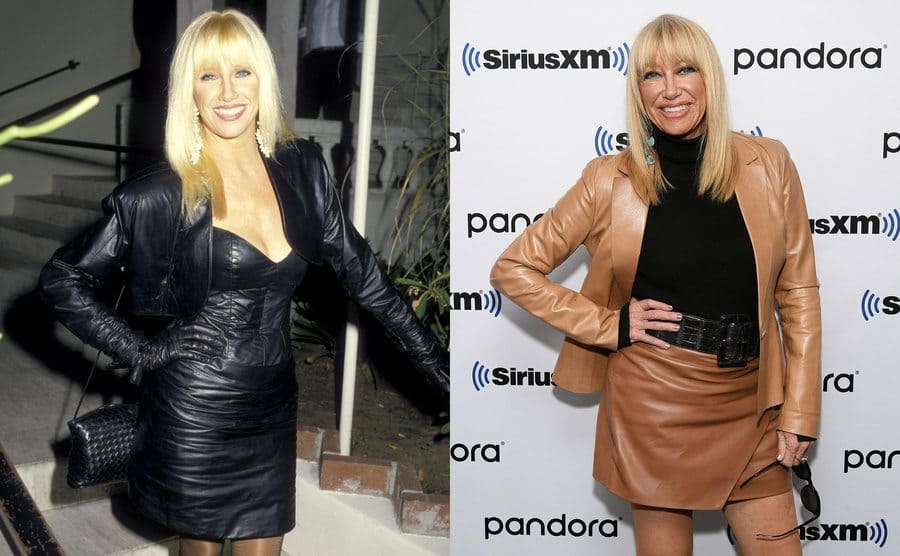 Two images of Suzanne Somers on the red carpet, one from the ‘80s and one from 2020