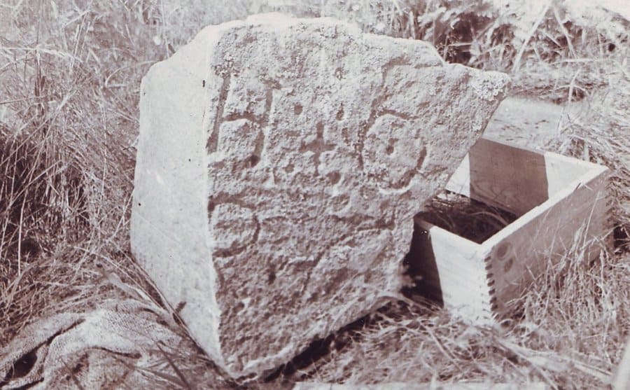 The stone with the carved inscription found on Oak Island. 