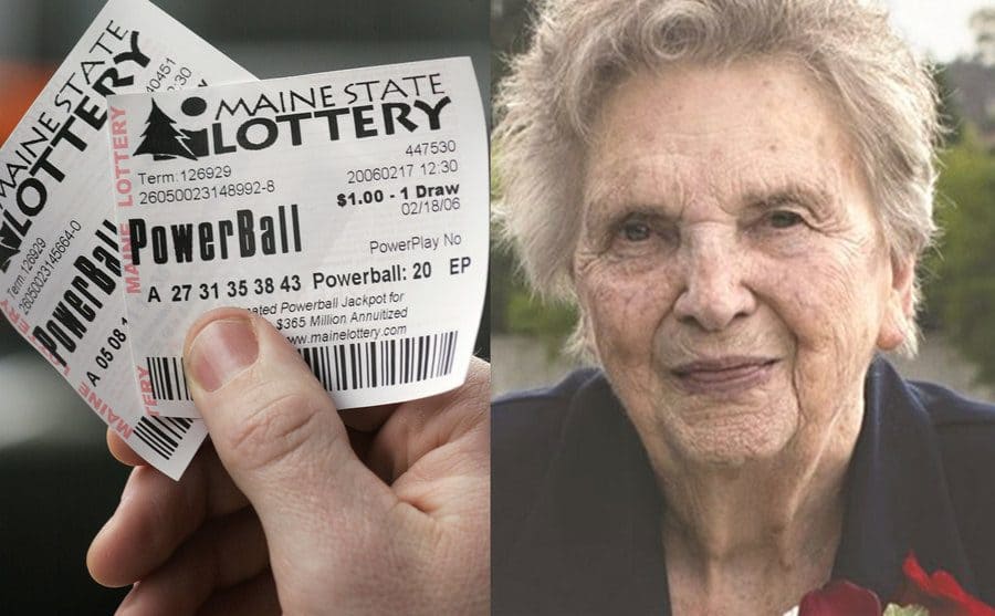  Fingers holding two Powerball tickets / Portrait of Jewel, Jack Whittaker's ex-wife.