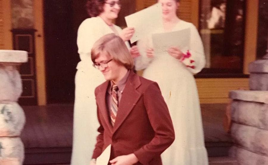 Drew Carey in his college years in the fall of 1975 outside Delta Tau Delta house.