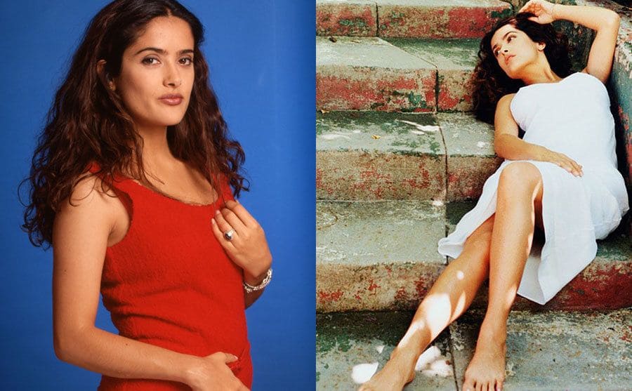 Salma Hayek is posing for a studio photography / Salma Hayek lying on the stairs in a white dress.