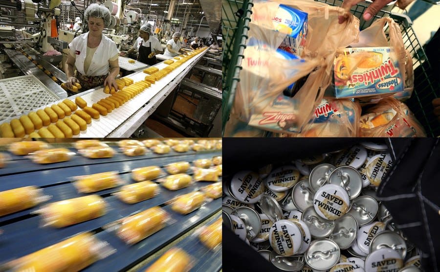 Factory workers / Boxes of Twinkies / Twinkies / “I Saved The Twinkie” pins