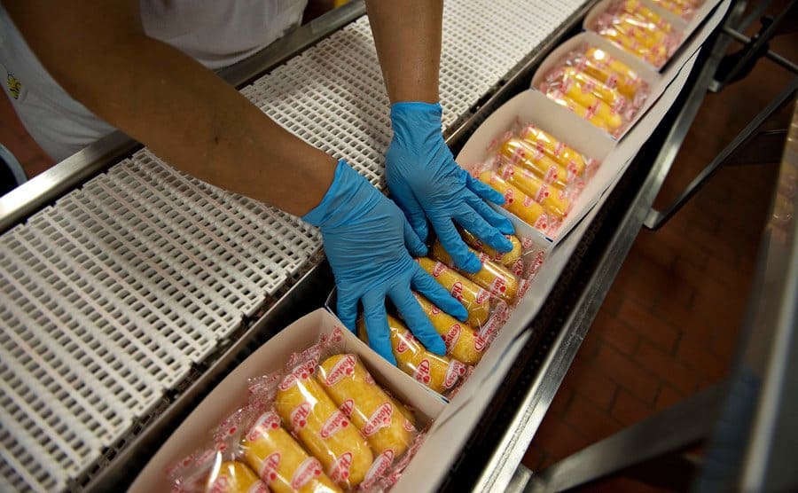 Twinkies snack cakes are boxed at the company's factory. 
