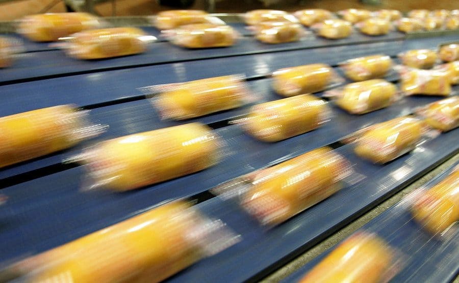 Hostess Twinkies move through the packaging process. 