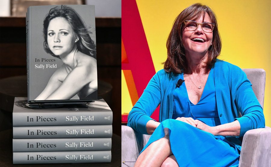 A view of Sally Field’s book / Sally Field speaks onstage.