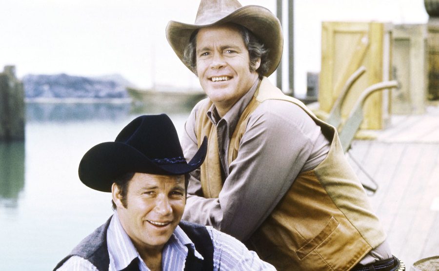 William Shatner and Doug McClure are smiling in a promotional photo for 'Barbary Coast.' 
