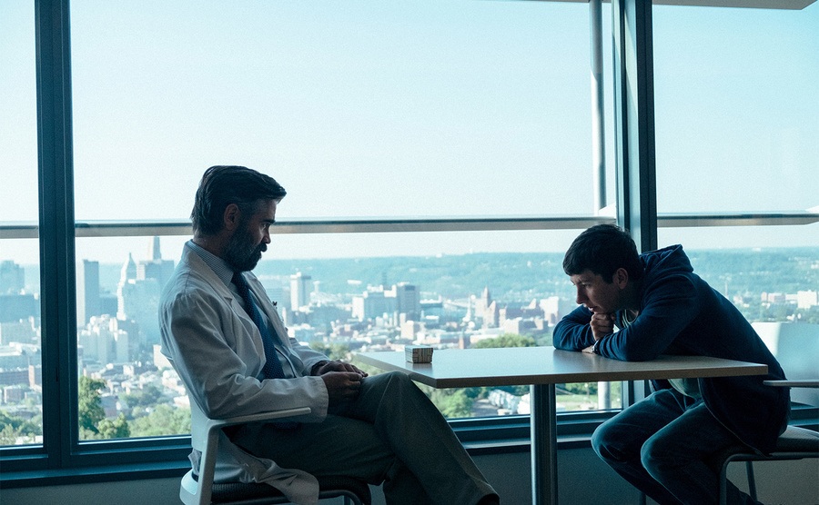 Colin Farrell and Barry Keoghan talk in a scene from The Killing of a Sacred Deer