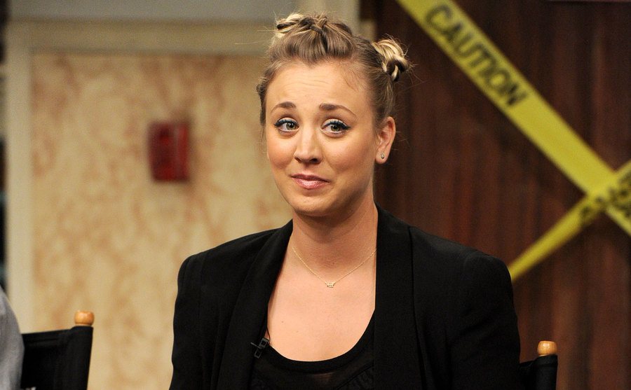 Kaley Cuoco speaks to reporters on the set of 