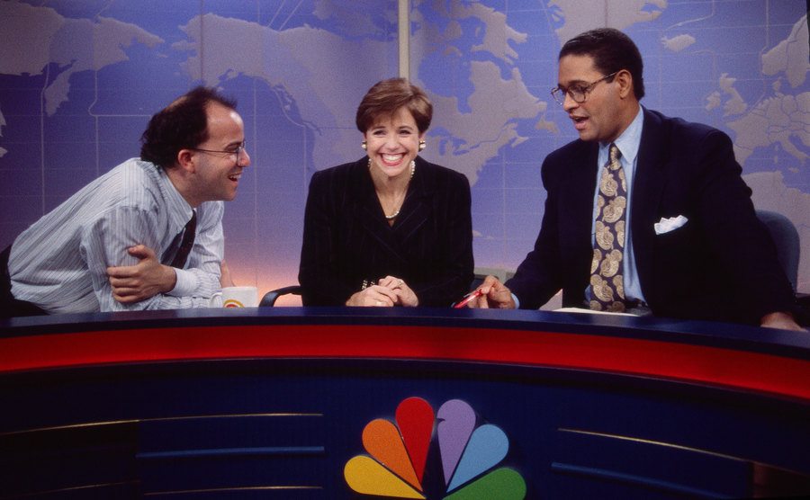 Jeff Zucker poses with Katie Couric and Bryant Gumble on the set of the Today Show.
