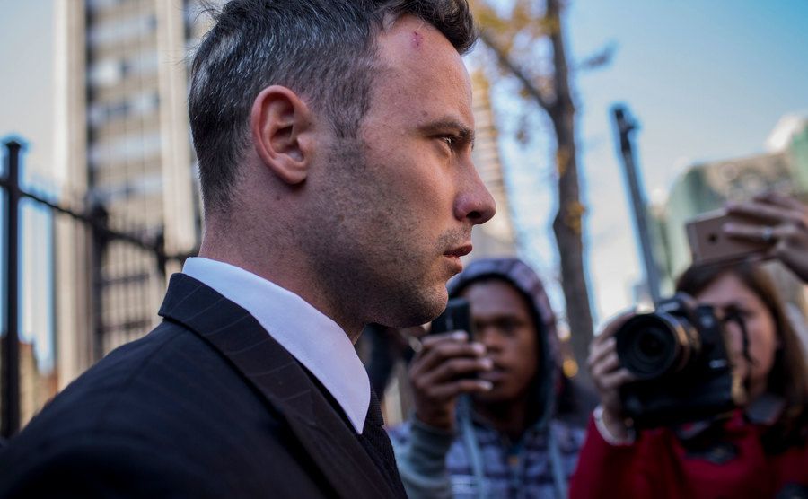 A photo of Pistorius outside court.