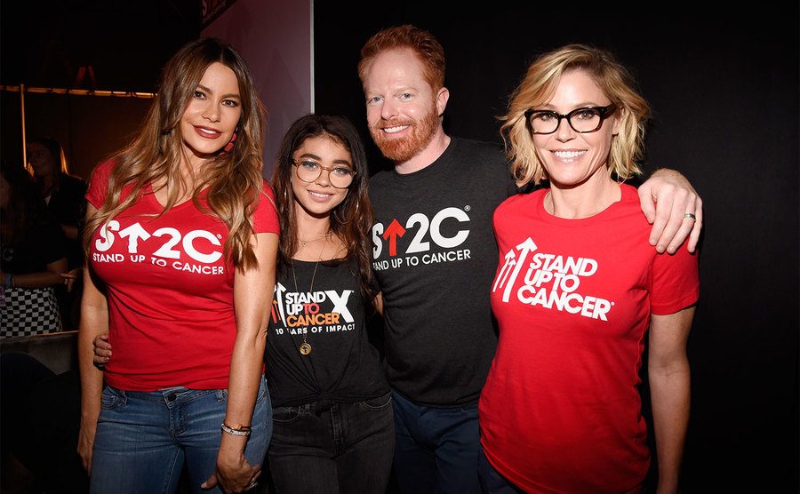 Sofia Vergara, Sarah Hyland, Jesse Tyler Ferguson, and Julie Bowen attend the Stand Up To Cancer Benefit. 