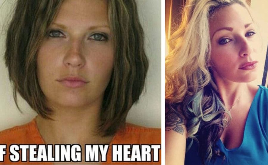 A meme of Meagan’s convict picture / A photo of Meagan today.