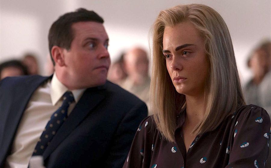 A still of Elle Fanning as Michelle Carter in a scene from the trial.