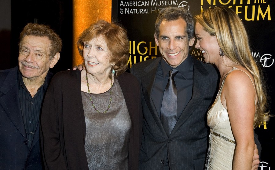 A dated picture of Jerry Stiller, Anne Meara, Ben Stiller, and Christine Taylor. 