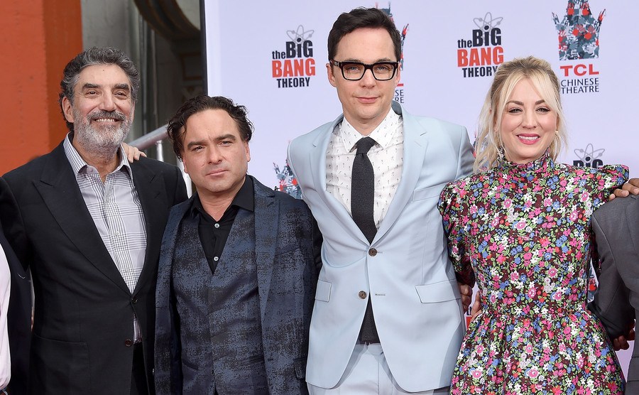 Chuck Lorre, Johnny Galecki, Jim Parsons, and Kaley Cuoco pose for the press.