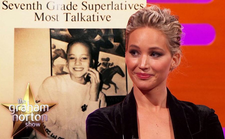 Jennifer Lawrence reacts to her high school award on The Graham Norton Show. 