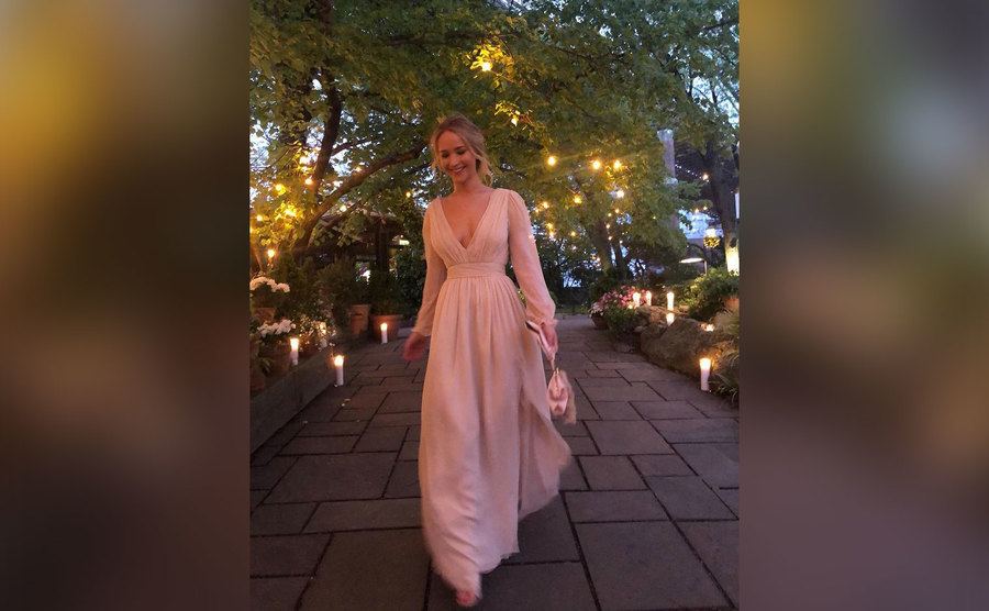 Jennifer Lawrence arrives at her engagement party. 