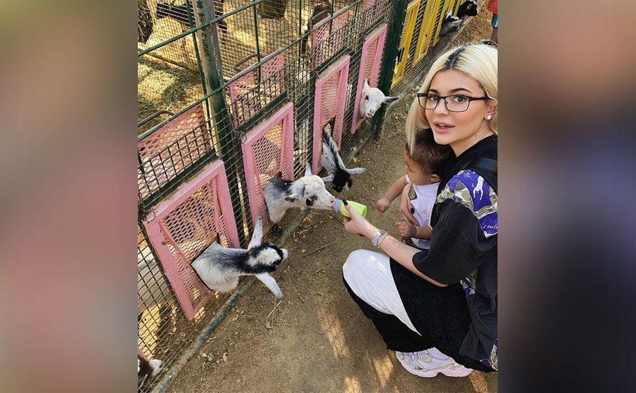 Kylie and Stormi are feeding baby goats. 