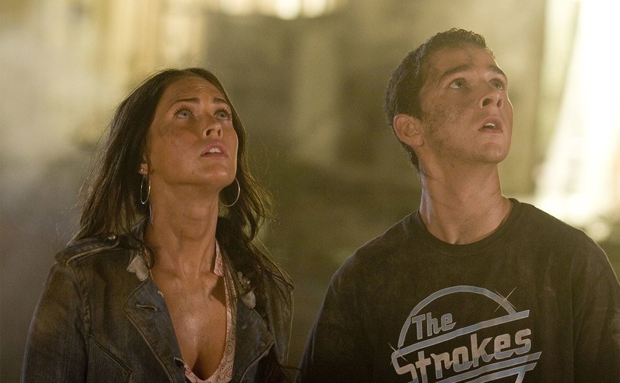 Megan Fox and Shia LaBouf in a scene from Transformers. 