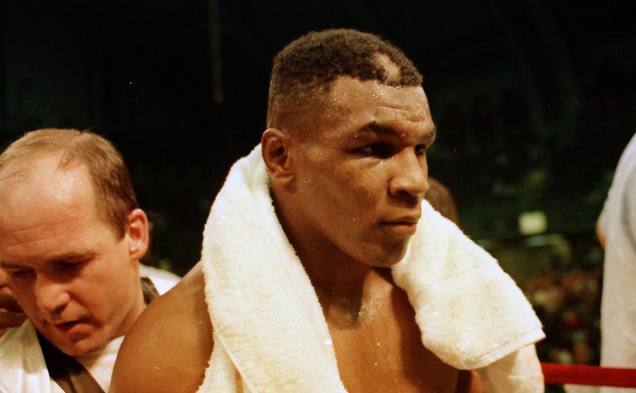 A dated photo of Mike Tyson after a fight.