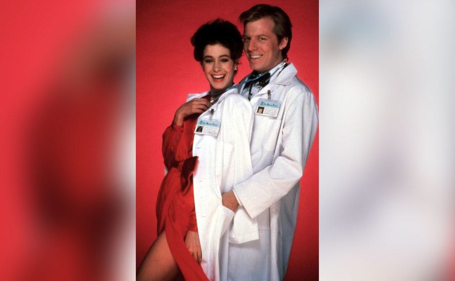 Sean Young poses with Michael McKean for the film Young Doctors in Love. 