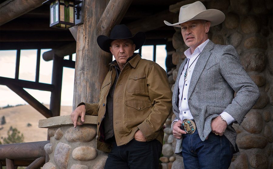 Neal McDonough and Kevin Costner in a still from Yellowstone. 