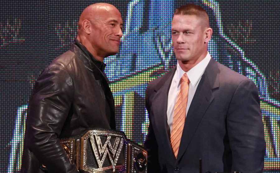 The Rock and John Cena attend the WrestleMania 29 Press Conference. 