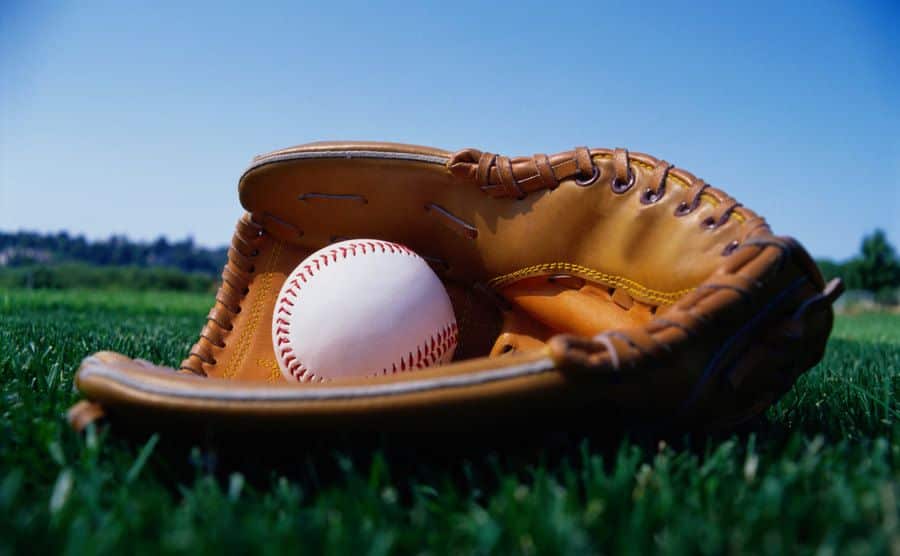 A photo of a baseball in a glove.