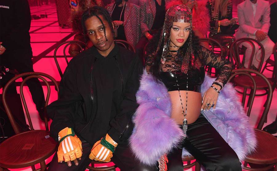 Asap Rocky and Rihanna are seen at the Gucci show during Milan Fashion Week. 