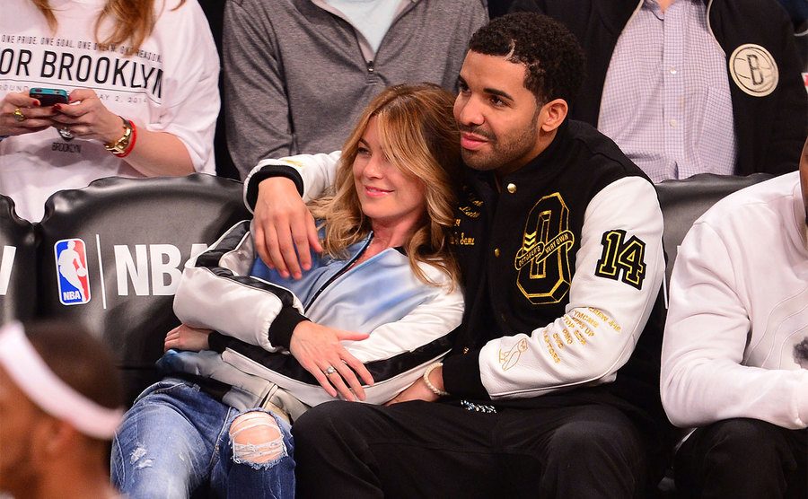 Ellen Pompeo and Drake attend the Toronto Raptors vs Brooklyn Nets game. 