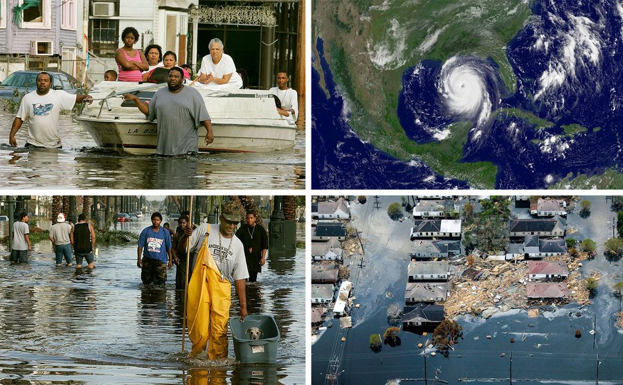 Hurricane survivors / Satellite image of the storm / Hurricane survivors / Flooded streets 