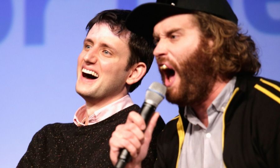 Actors Zach Woods (L) and T.J. Miller speak onstage at the 